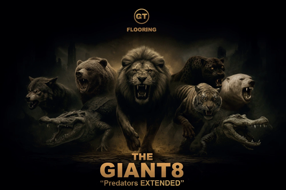 GT Flooring the gia collection hero image with a lio, tiger jaguar crocodile and bear and overlay text