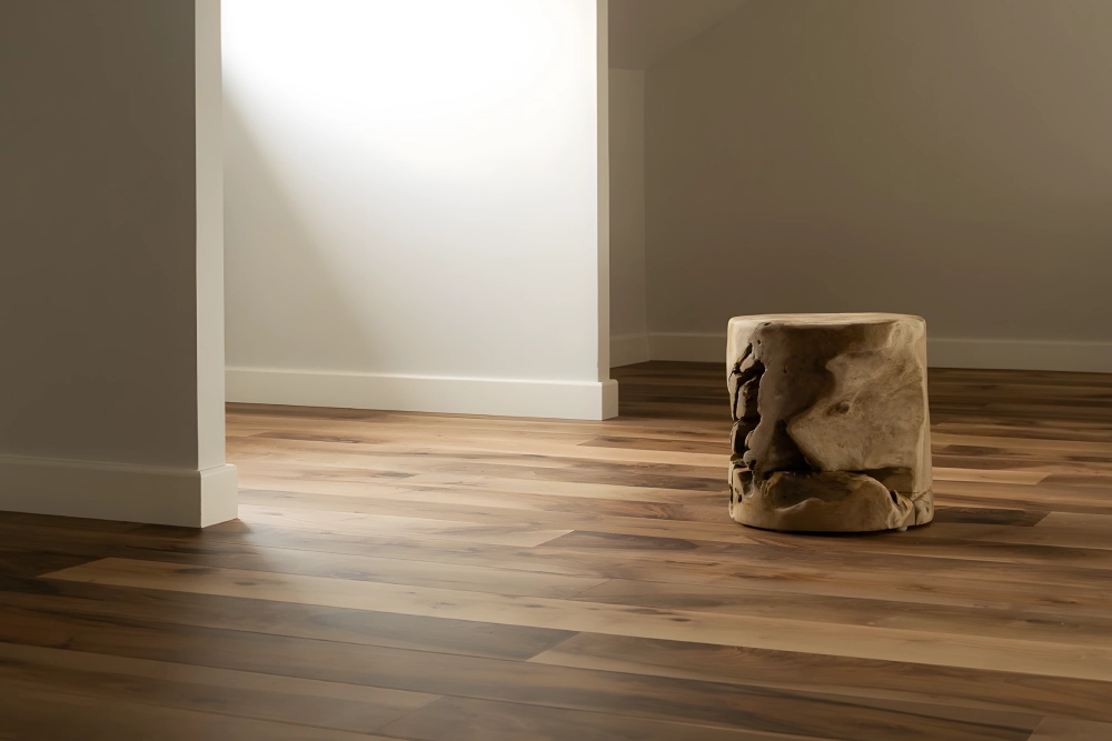 interior casa com pavimento vetaparket com tronco no meio da sala