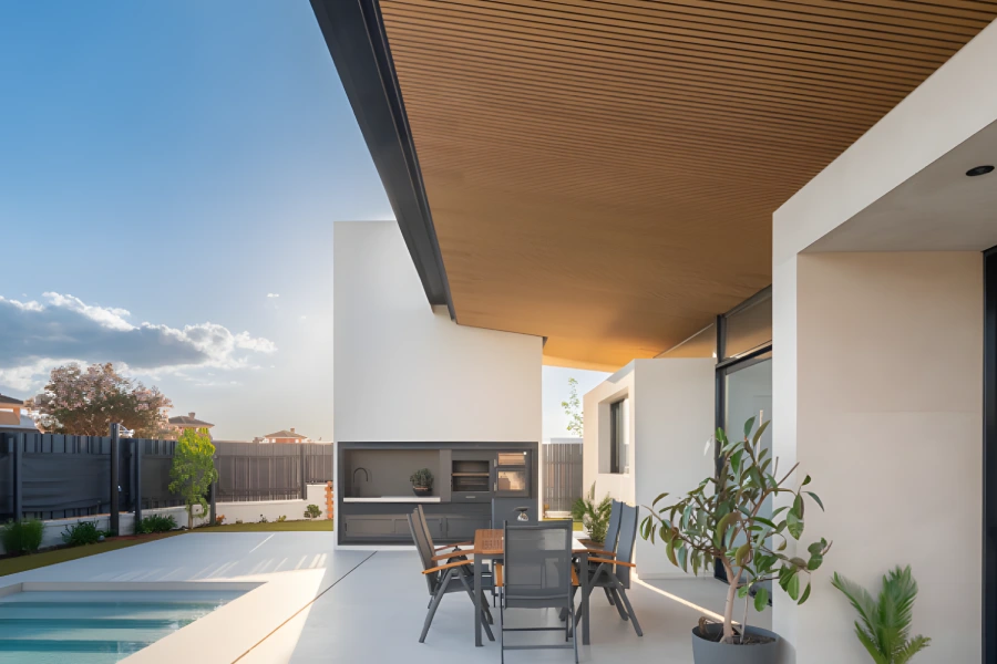 Tarimatec 7 tarimatec vertical aris square in a modern house with outdoor pool